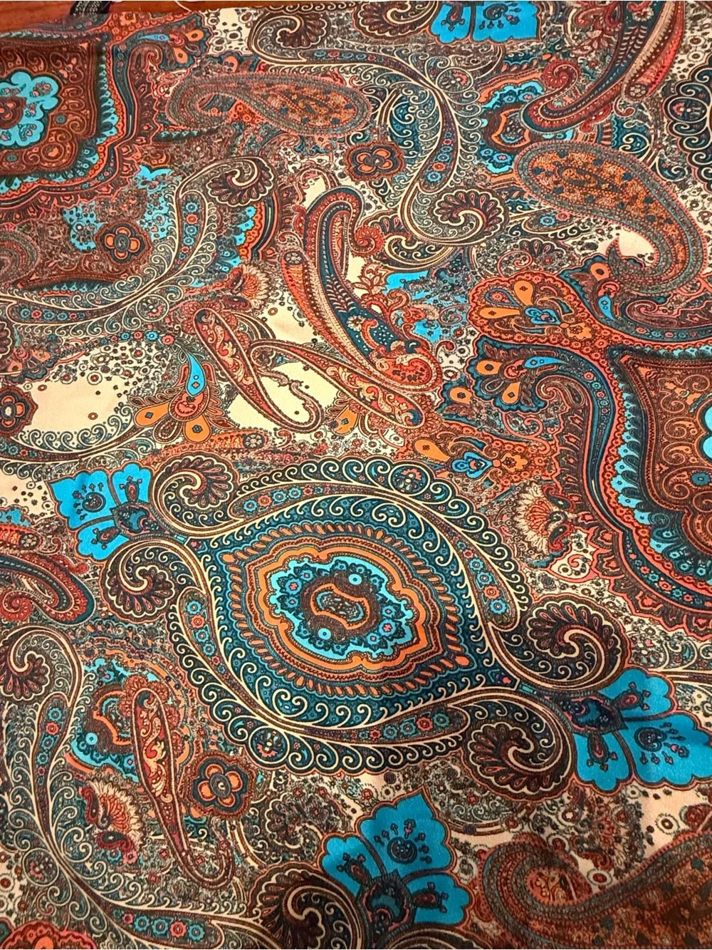 Red Paisley Handkerchief Scarf with Blue Paisley Accent and Beaded Detail